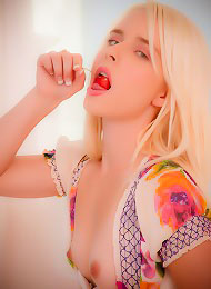 Seductive teen model Kara Duhe lusting and naughtily sucking and licking her cherries